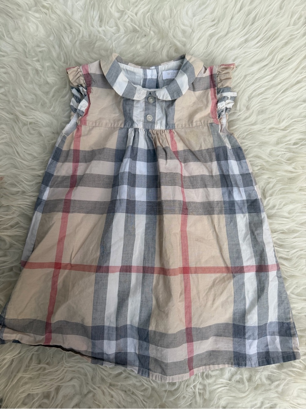 Burberry Beige, Pink & Gray Plaid Cotton Dress with Peter Pan Collar